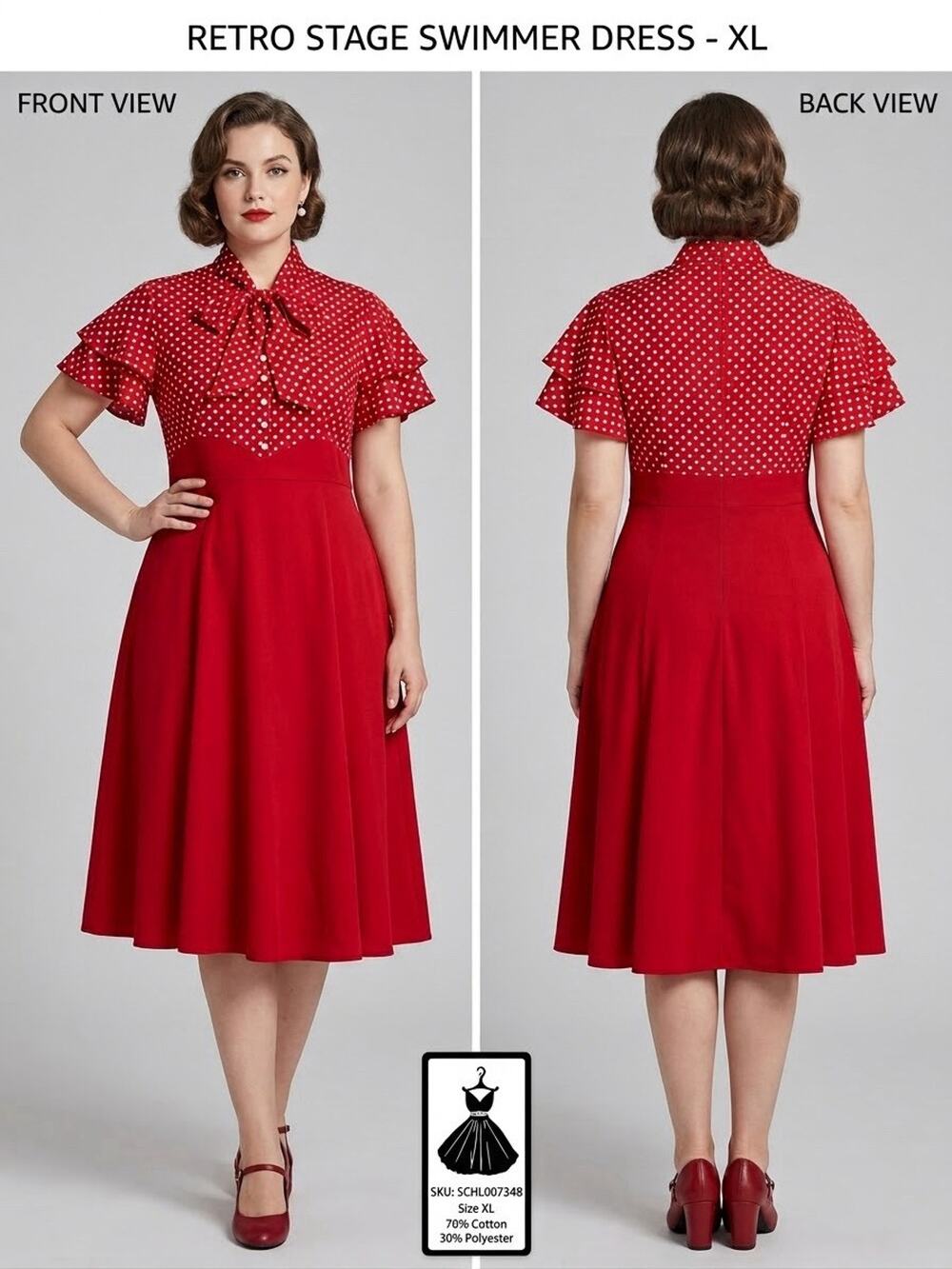 NWT Retro Stage Red Polka Dot Rockabilly Swing Dress XL 1950s Pinup Ruffle Midi⁠
